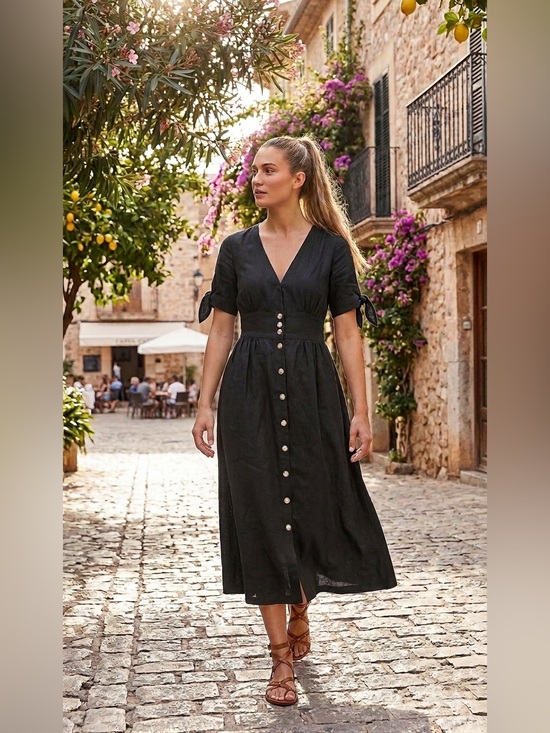 Buffalo David Bitton Dresses & Skirts - Buffalo David Bitton Black Button-Front Midi Dress with Tie Sleeves
